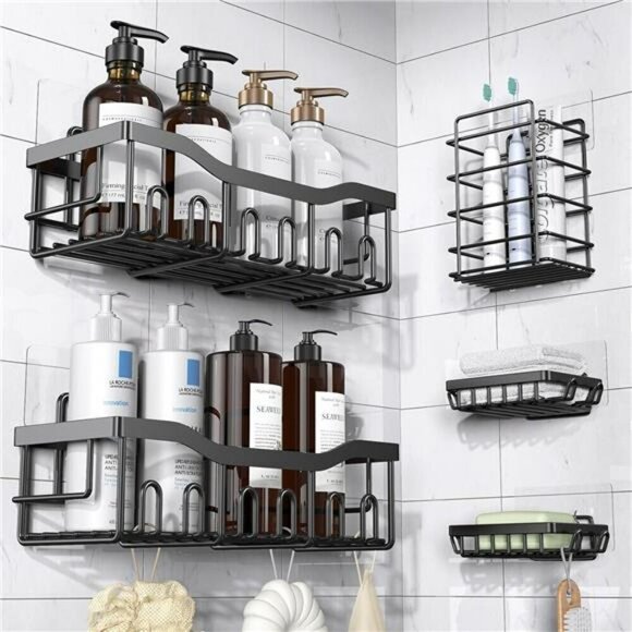 Adhesive Shower Caddy 5 Pack Rustproof Stainless Steel Bath Organizers Storage - Picture 1 of 8